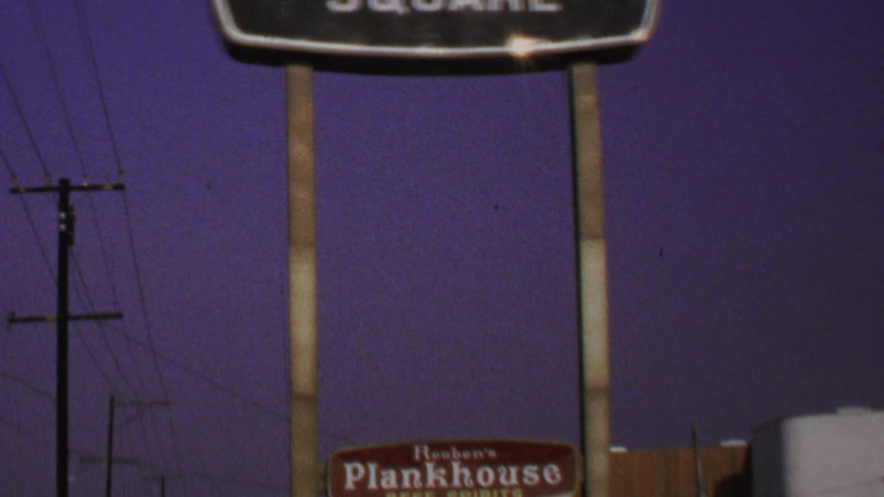 Closer view of roadside signs with tall poles and business lettering.