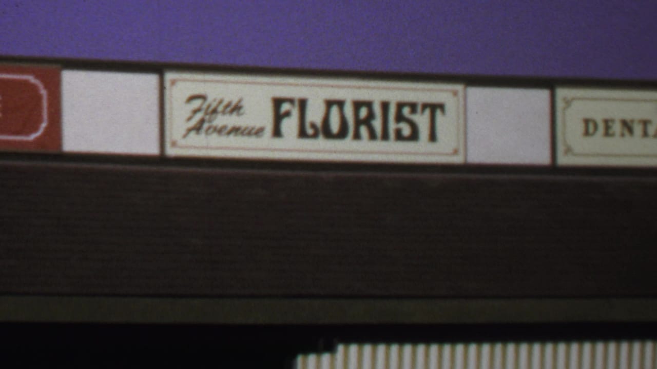 Close 8mm frame of the Fifth Avenue Florist storefront sign in Washington, DC, with adjacent dental signage partially visible.