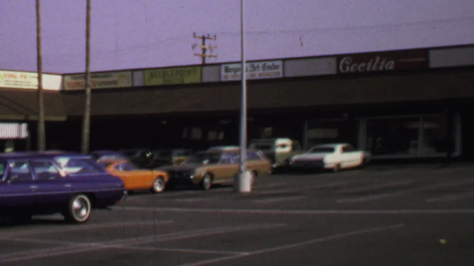 1969 Washington, DC view of a small shopping center facade with a Cecilia sign, awnings, and parked period automobiles.