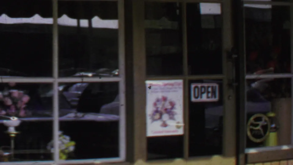 1969 Washington, DC storefront windows with a flower poster, open sign, reflected car, and floral display visible through glass.