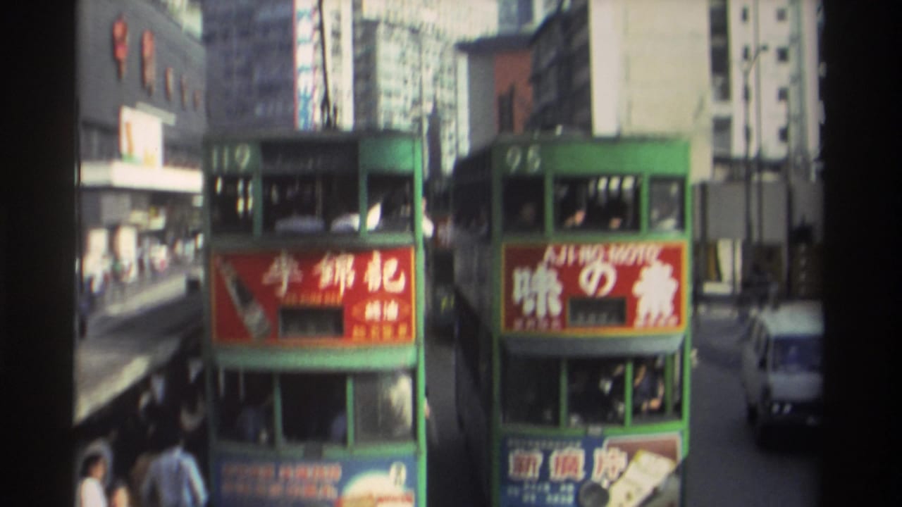 Two green double-decker trams numbered 119 and 95 fill a Hong Kong street, tram 119 carrying a red Lee Kum Kee advertisement panel, shot from inside another vehicle.