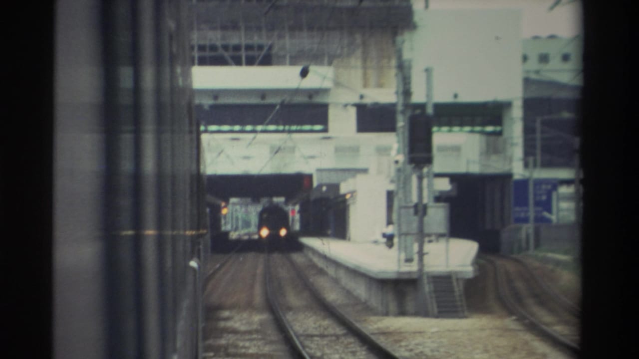 Train window view entering a covered station; an oncoming train with illuminated headlights on an adjacent track, with a concrete canopy and blue signage visible.
