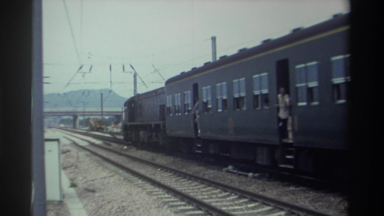 Taiwan, 1982 — dark blue passenger train cars on electrified railway; figure standing in open doorway; overcast sky and low hazy hills visible.