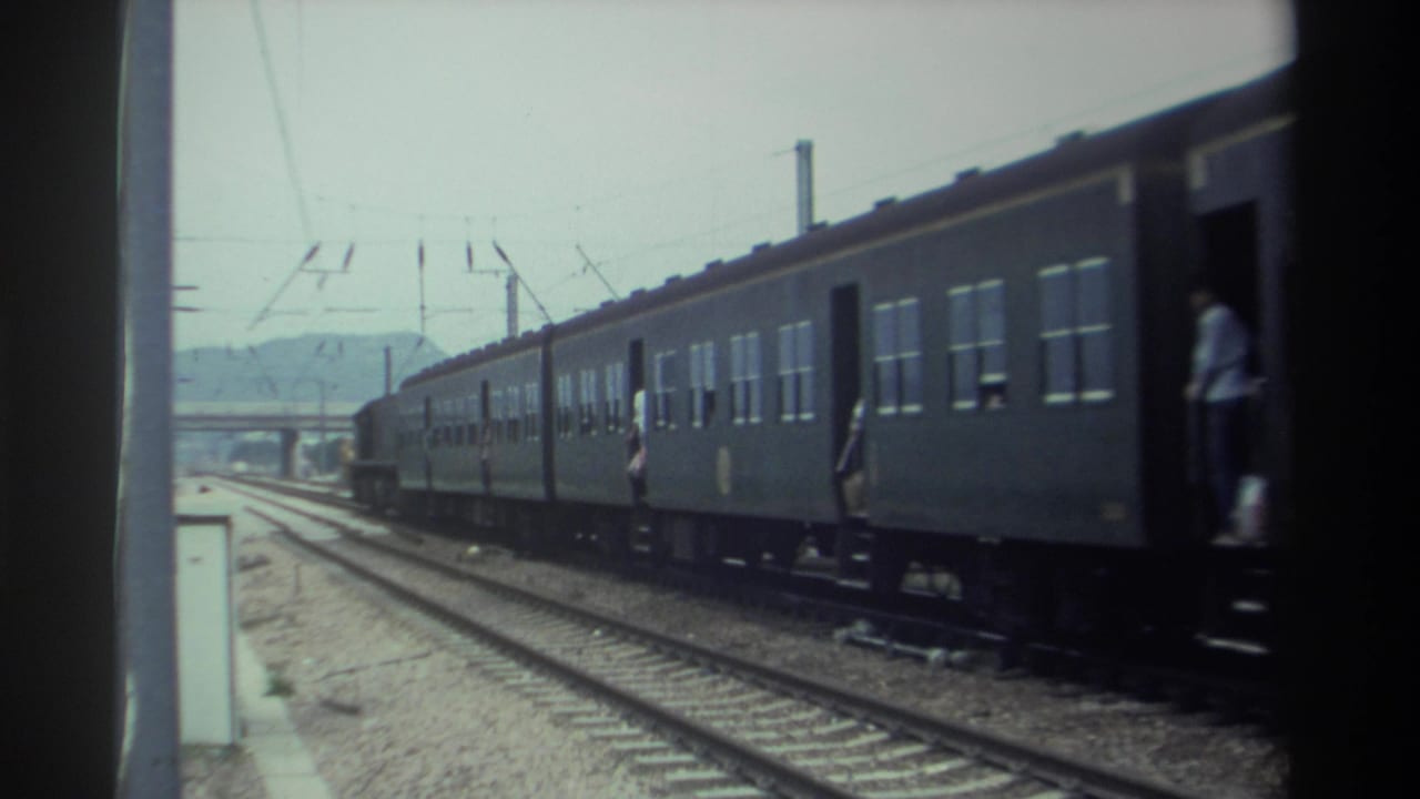 Dark green passenger train car with a figure visible in the open doorway, overhead catenary wires and parallel tracks, Taiwan 1982, 8mm footage.
