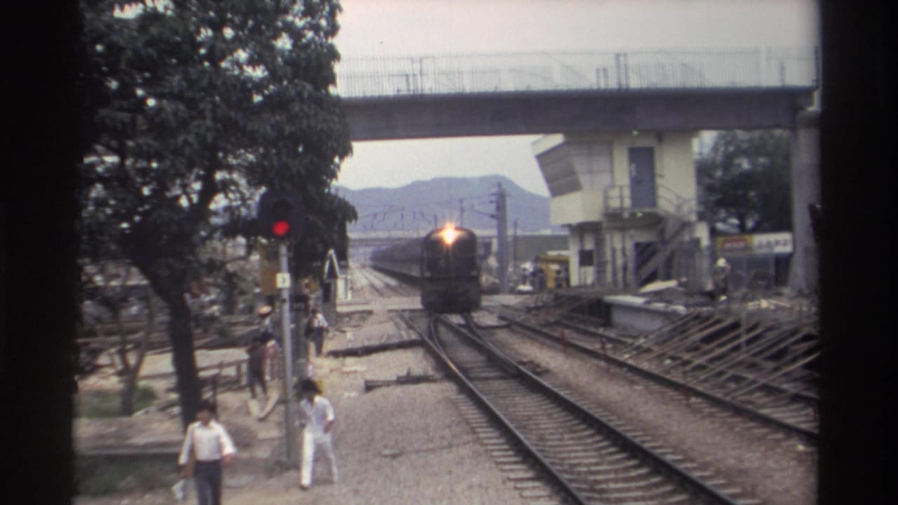 8mm home movie, Taiwan c.1982 -- diesel train approaching on multi-track railway with concrete footbridge overhead and pedestrians walking beside the tracks.