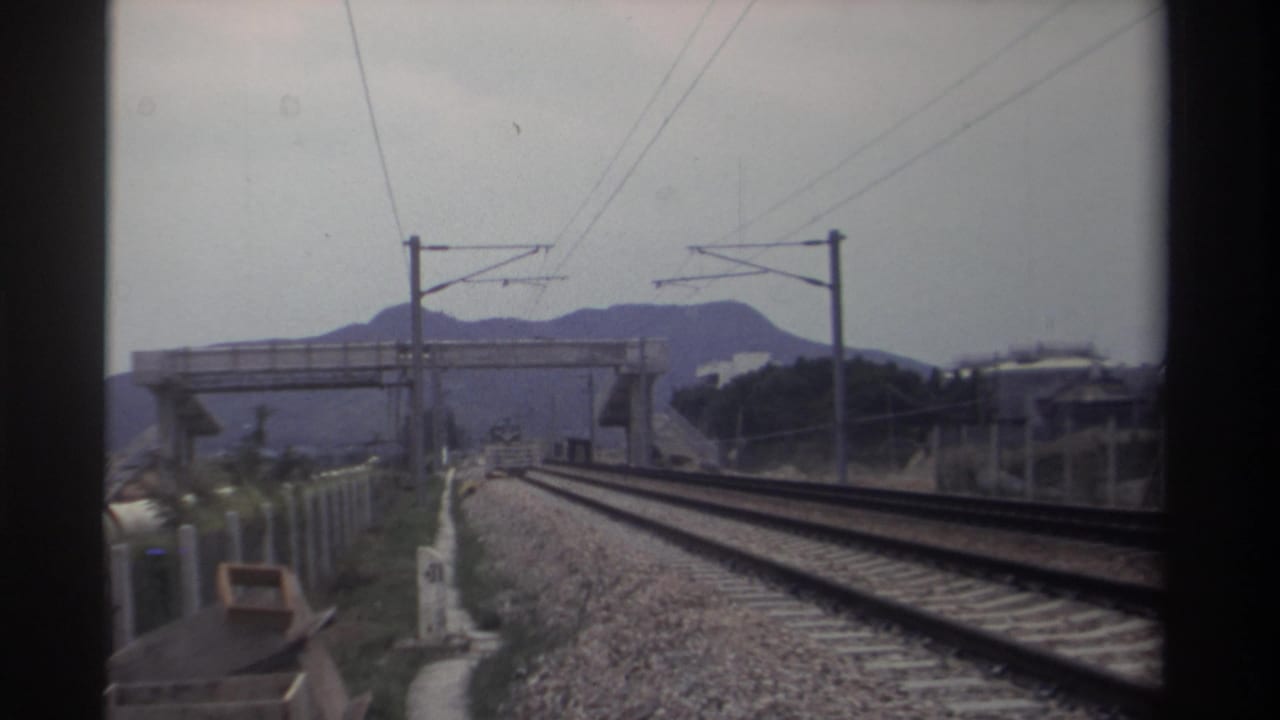 Two parallel railway tracks receding ahead with catenary poles and a concrete overpass; mountains visible in distance.