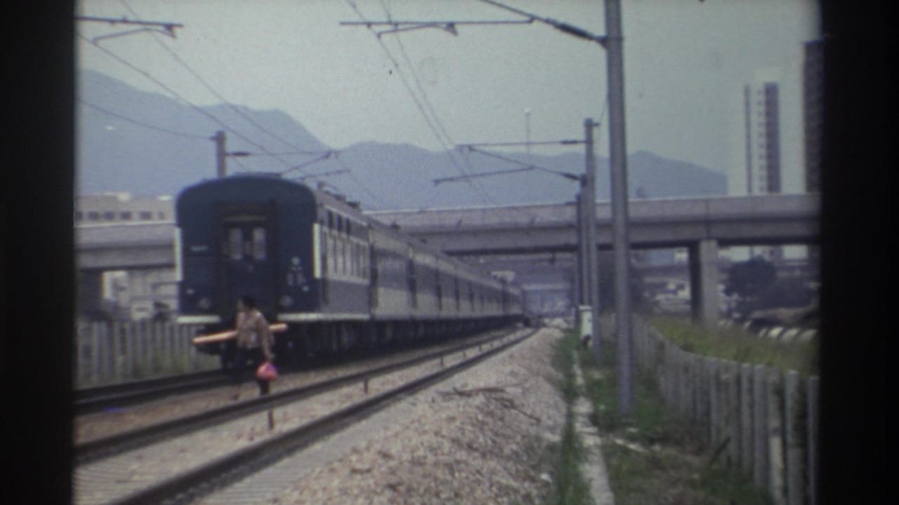 Blue passenger train receding along electrified tracks; figure at trackside with stick and red bag; overpass and mountains behind.