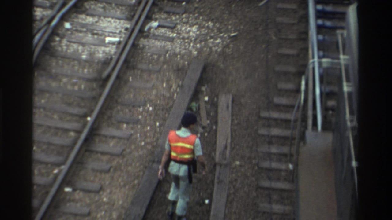 Railway worker in orange-and-yellow safety vest crossing multiple parallel tracks, high-angle overhead view.