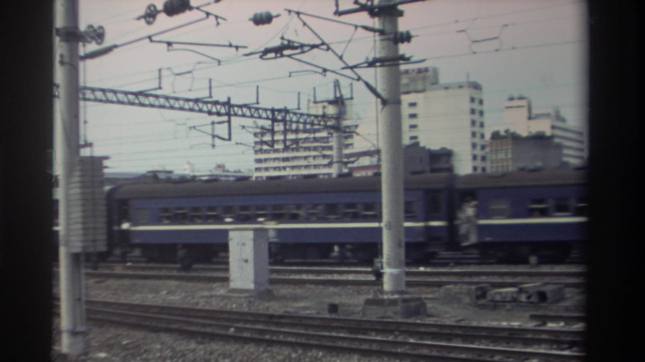 Blue passenger train passing beneath dense overhead catenary wires and concrete mast poles, multiple tracks visible, mid-rise buildings in background.