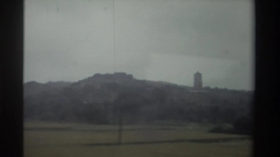 Muted rural view, Taiwan circa 1982 — open fields, tree-covered hills, and a multi-tiered pagoda visible through a moving vehicle window under a gray sky.