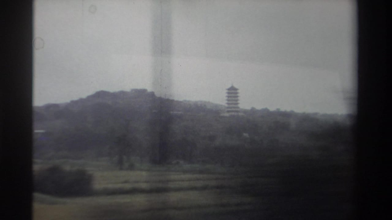Multi-tiered pagoda rising above a wooded hillside, seen through a car window, with cultivated fields below and overcast sky.