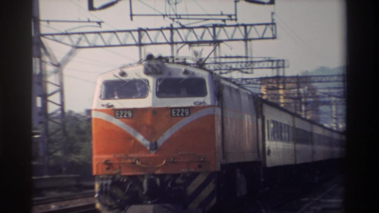 Orange and white E229 electric locomotive approaching head-on on rails, overhead catenary gantries above.
