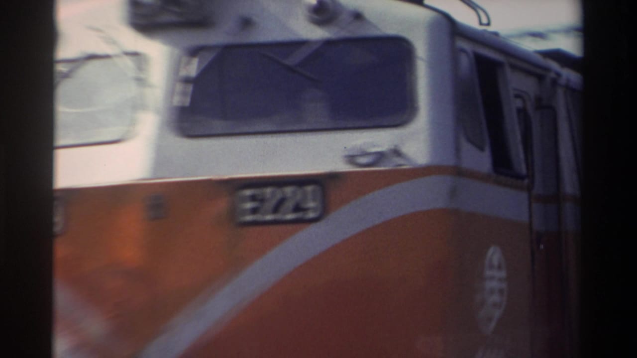 Close-up side view of E229 locomotive passing camera, orange livery, number plate, and circular emblem visible.