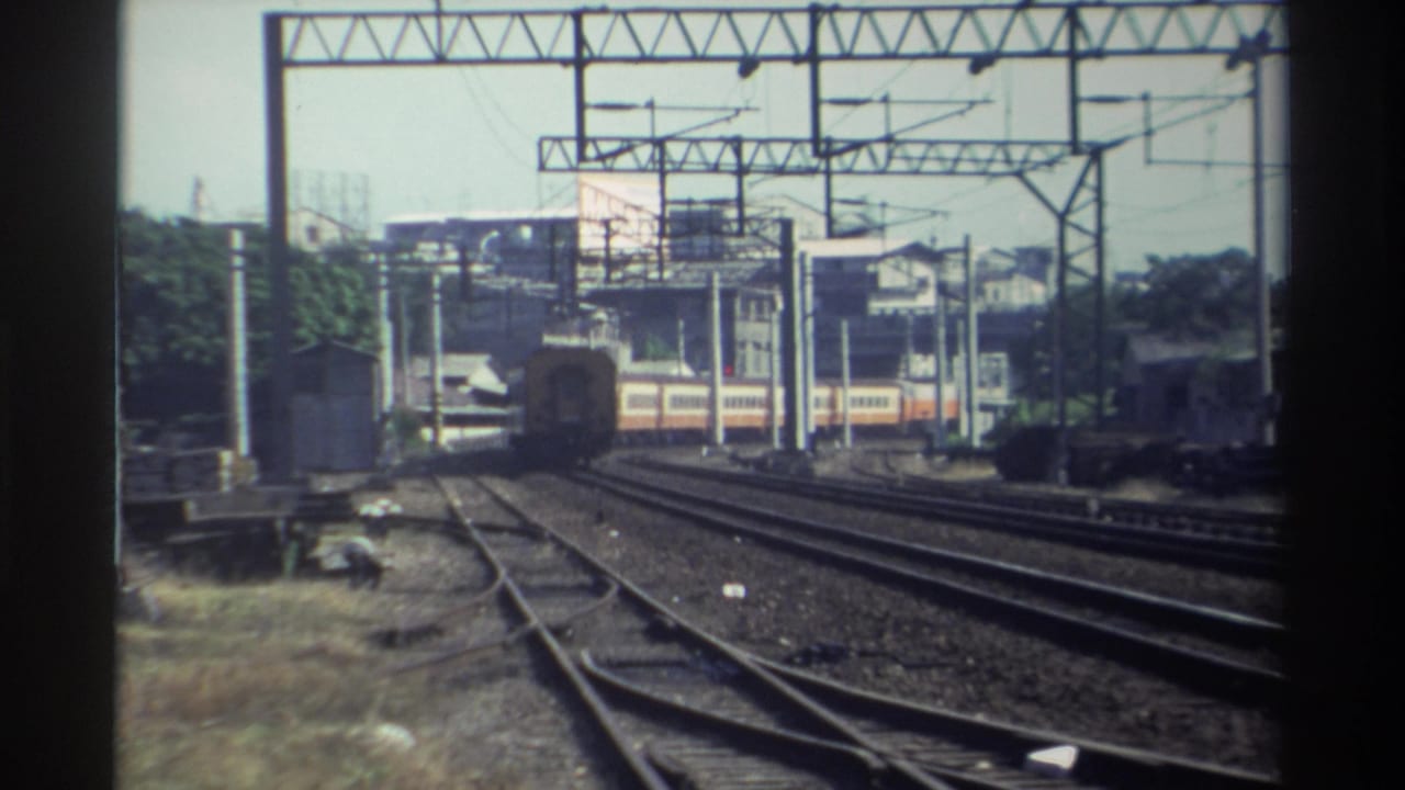 Passenger train approaching through multiple electrified railway tracks.