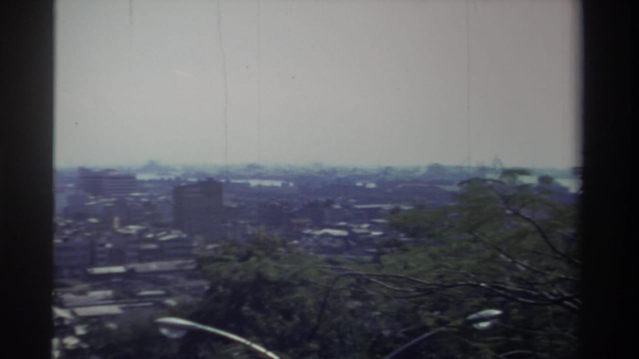 1982 Taiwan home-movie frame showing a hazy urban view from a wooded hill, with low buildings and foliage in the foreground.
