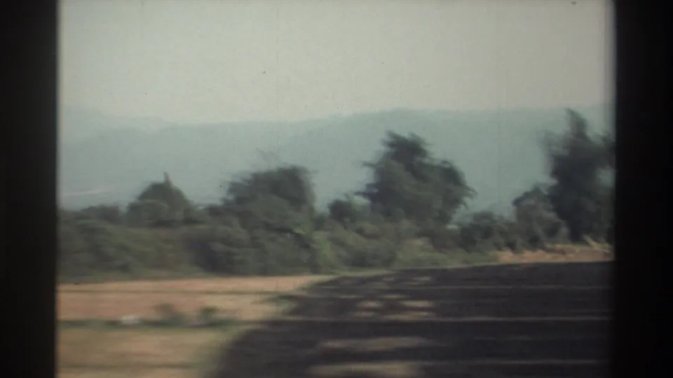 Moving-vehicle view of 1982 Taiwan farmland with roadside trees, open fields, soft hills, and visible 8mm grain.