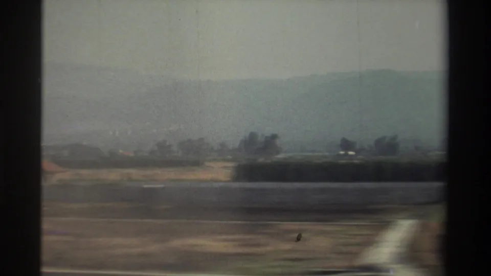 A moving 8mm view across Taiwan farmland, with blurred foreground, scattered trees, and mist-softened mountains in the distance.