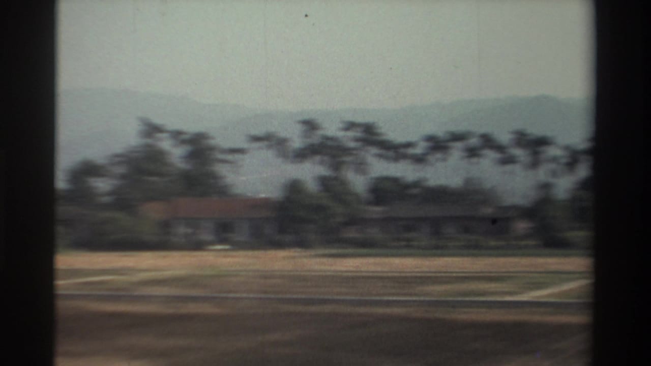 Palm trees and low buildings pass beside open land with hazy hills in the distance.
