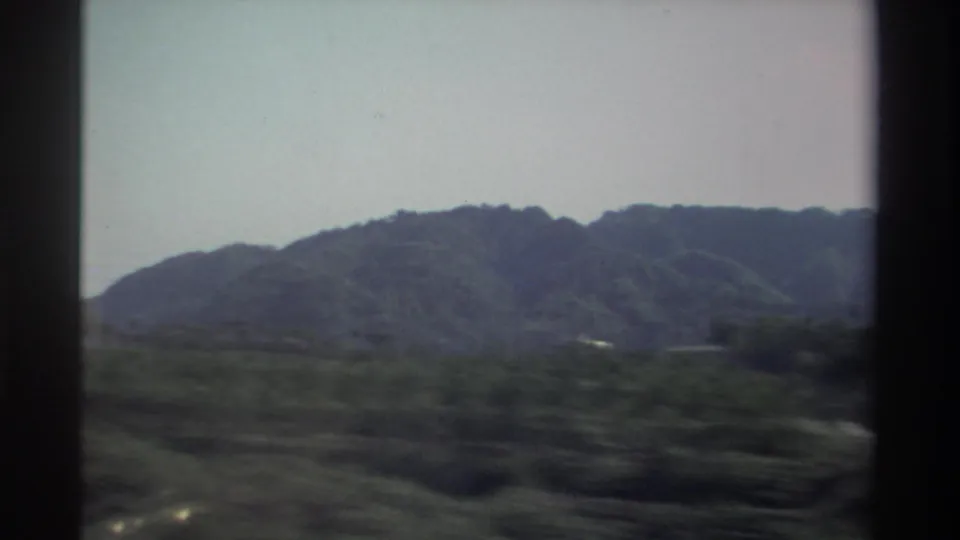 1982 Taiwan countryside frame showing a rounded green hill with foreground plants blurred by travel motion.