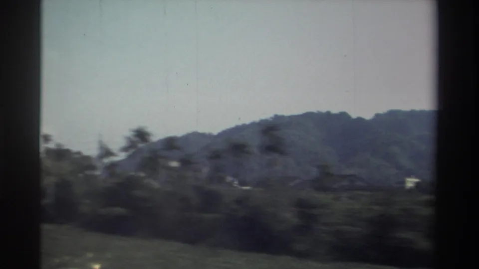 1982 Taiwan home-movie frame with a wooded ridge, roadside trees, and faint distant structures seen from a vehicle.
