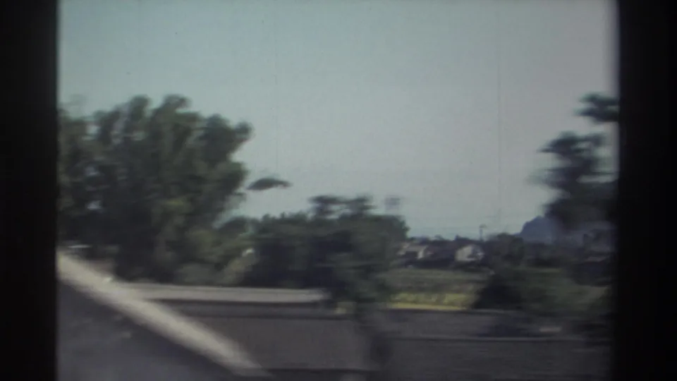 1982 Taiwan home-movie frame showing roadside trees, low rooftops, and a pale sky blurred by vehicle motion.