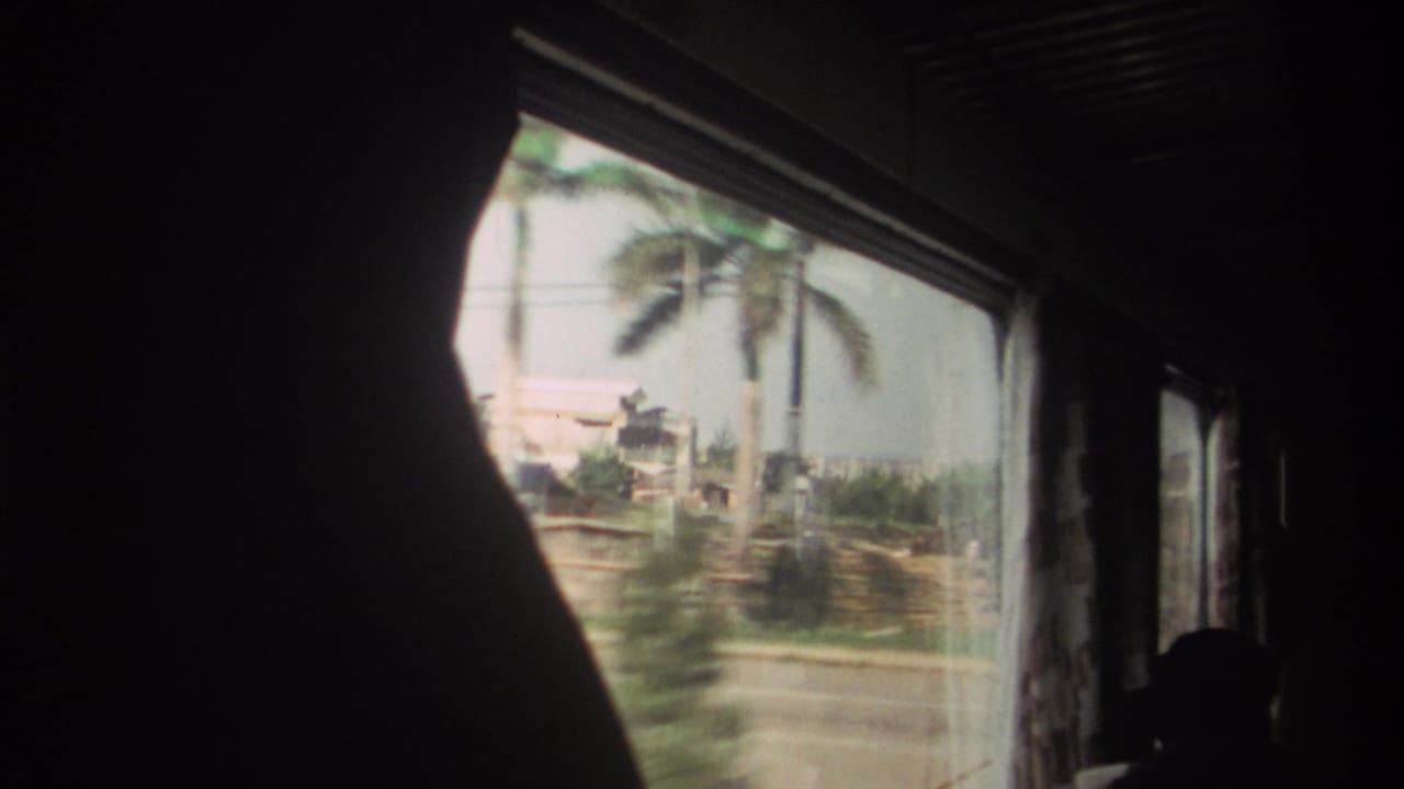1982 Taiwan train-window view with a dark curtain edge, palm tree, low-rise buildings, and motion-blurred trackside landscape.