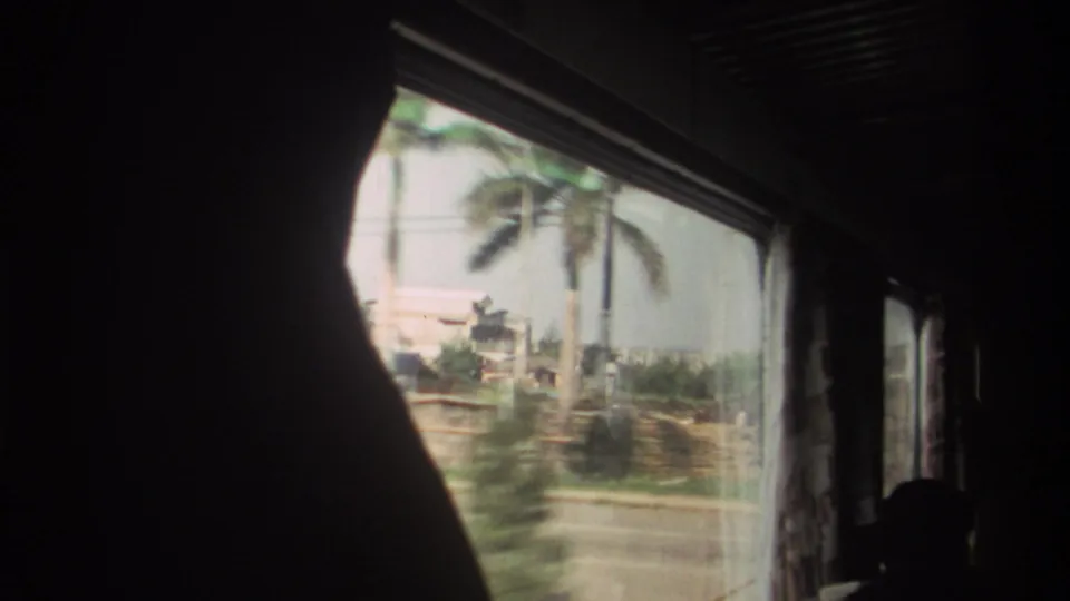 1982 Taiwan train-window view with a dark curtain edge, palm tree, low-rise buildings, and motion-blurred trackside landscape.
