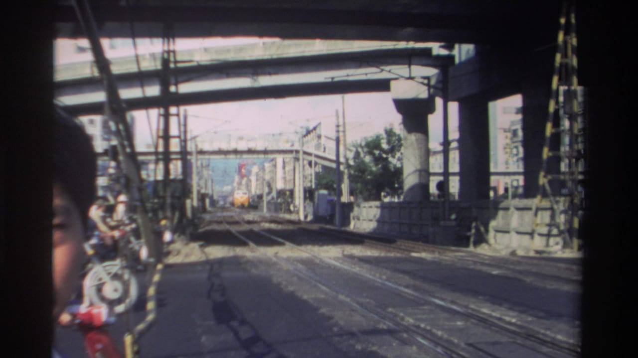 Partial face beside a window-like edge looking toward tracks and a distant train.