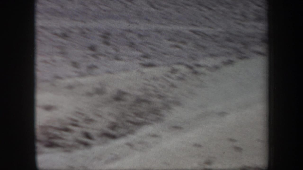 Soft, blurred view of pale desert ground with scrub and dark film-frame edges.