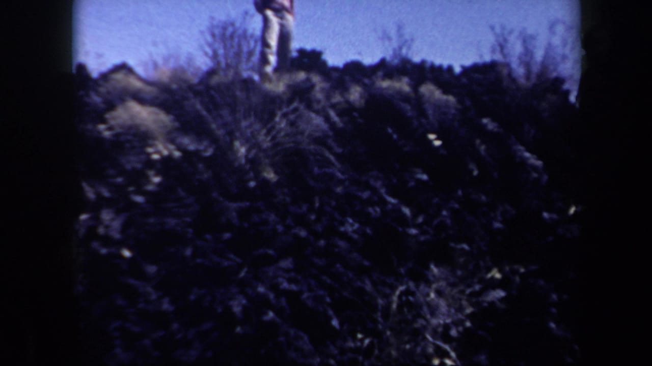 1957 Arizona 8mm frame showing a distant man near rocky desert shrubs under bright sun, with dark film borders and faded color.