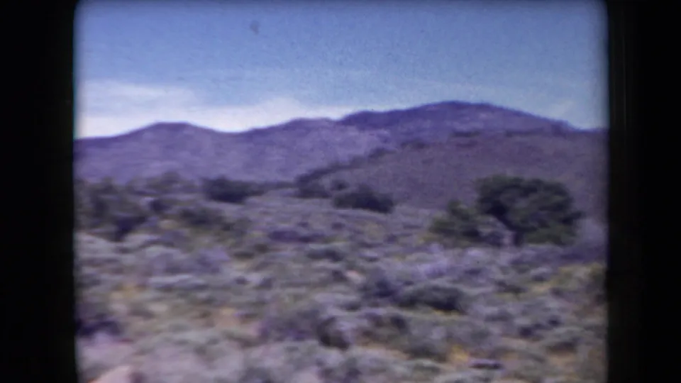 Arizona 1958 landscape view of scrubby desert terrain, scattered trees, and low mountains under a blue sky.