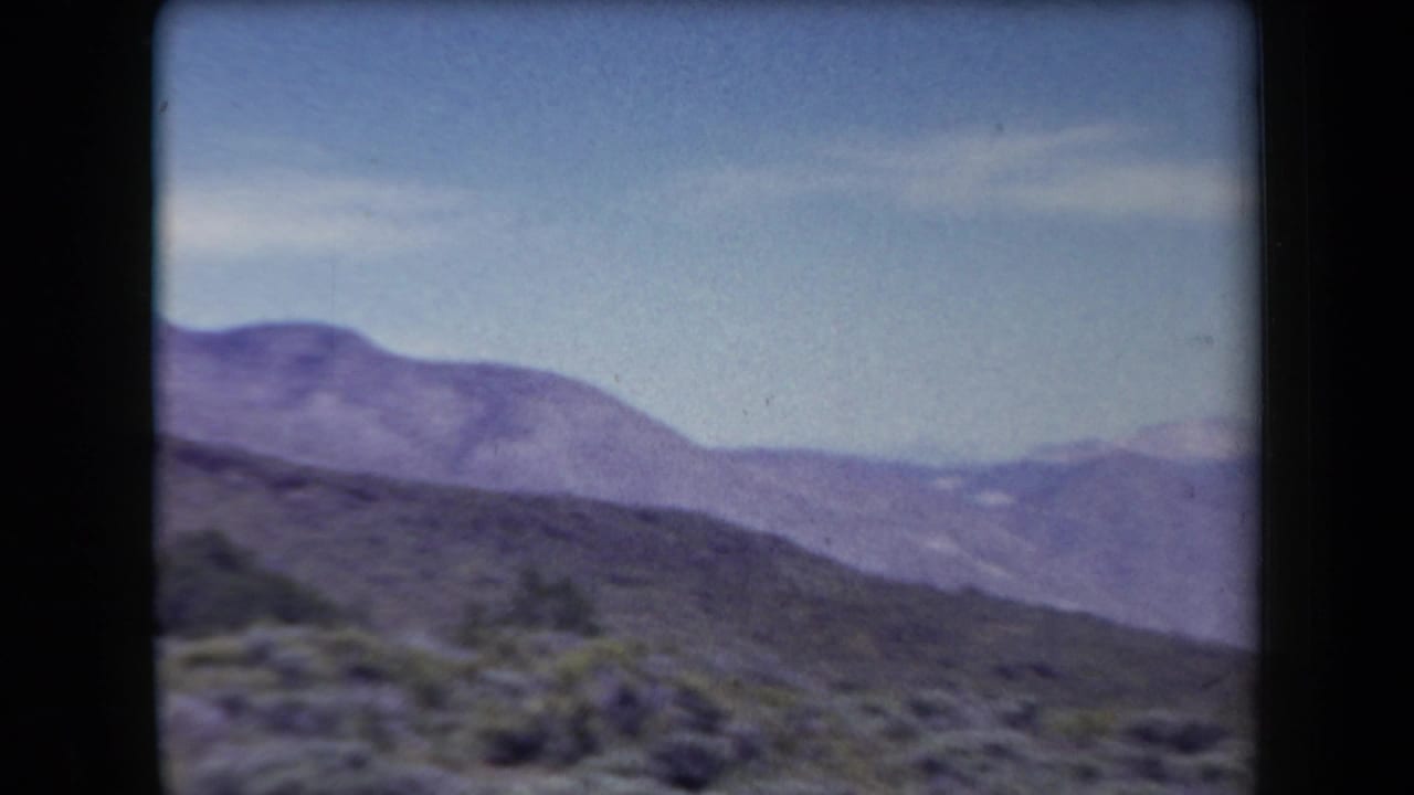 Distant blue-purple mountains beyond scrubby desert hills under a pale sky.