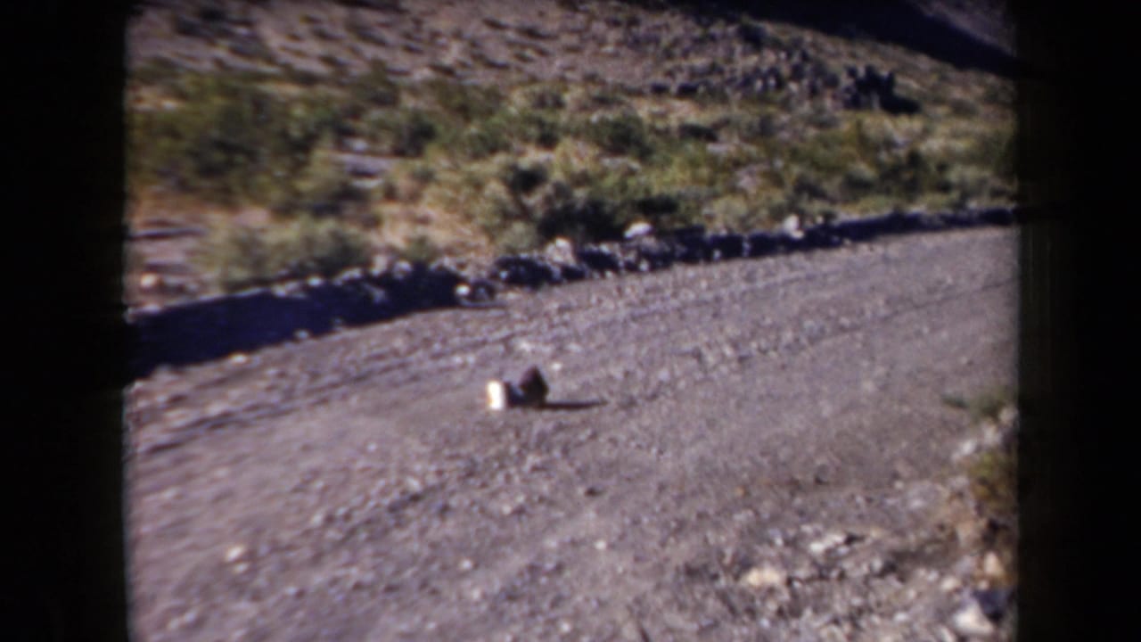 White can target on a gravel road with desert scrub and rocky hillside behind it.