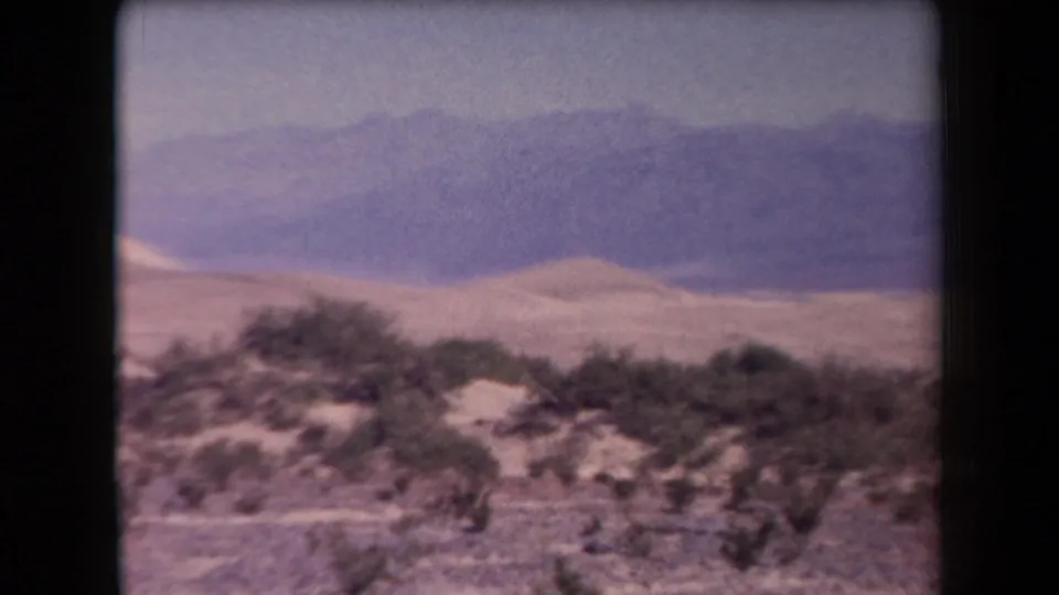 Soft 8mm view of Arizona desert flats and low shrubs, with blue-purple mountain forms in the distance.