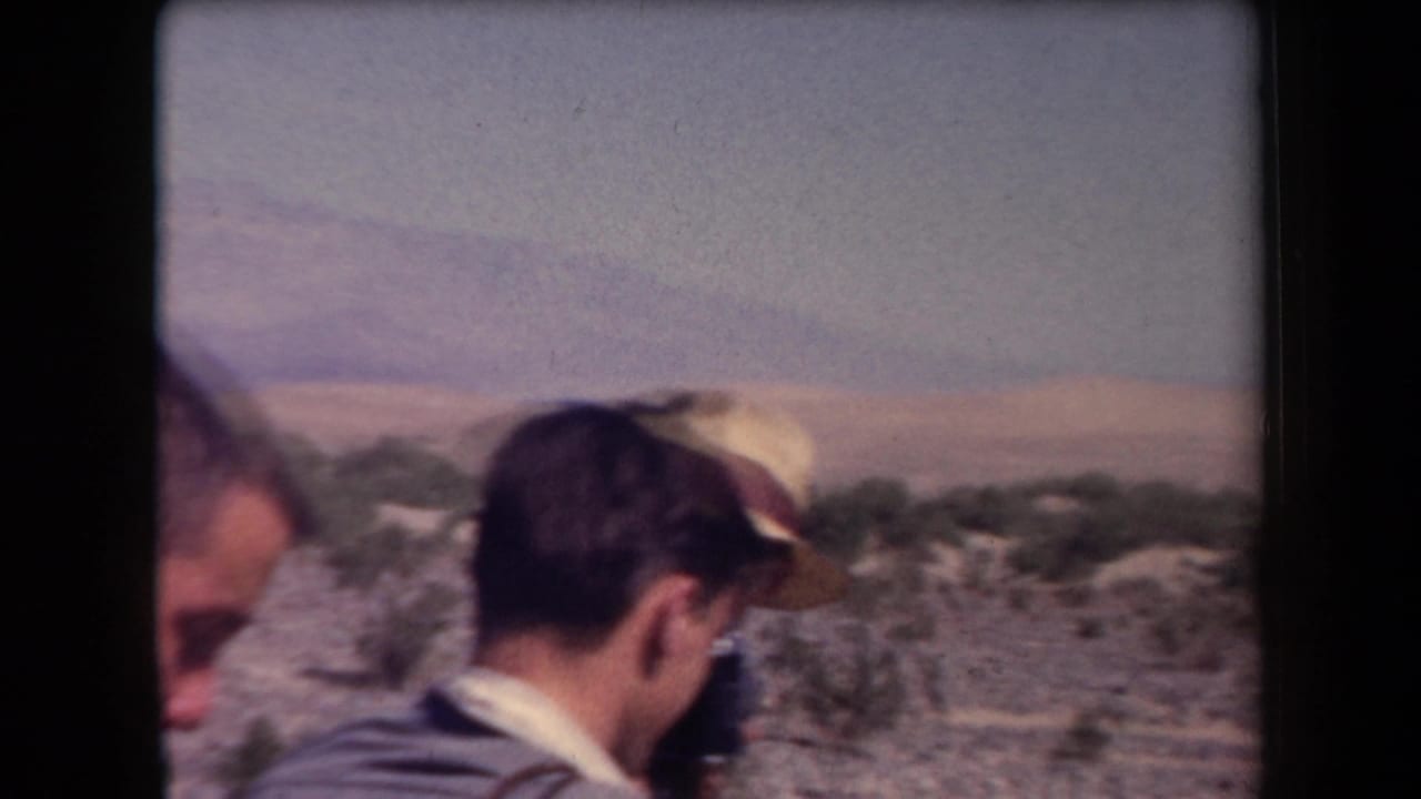 Adult travelers seen from behind and side against desert shrubs and distant mountains.