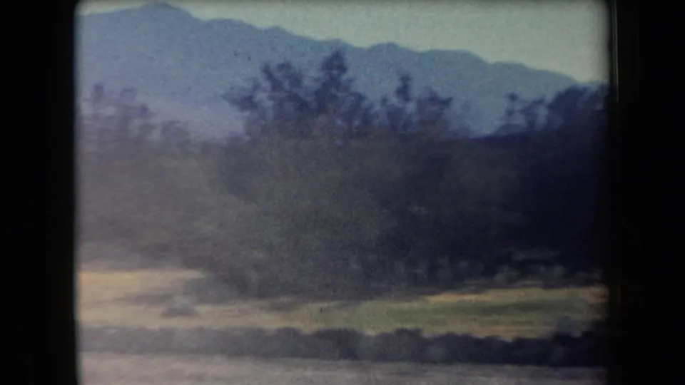 1958 Arizona home-movie frame showing a hazy desert roadside, scattered trees, low stone wall, and distant mountains.