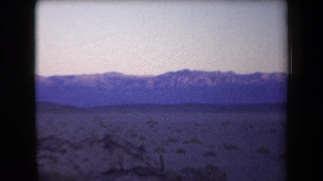 Open desert floor with sparse brush and a purple mountain range in the distance.
