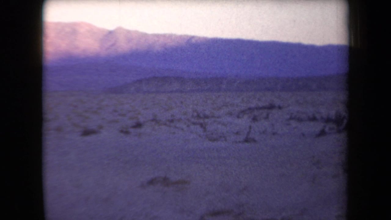 Desert wash and low scrub with dark mountain ridges in the distance.