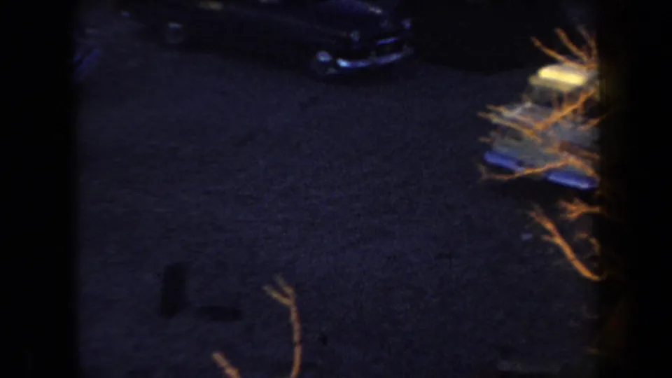 Final low-light frame of the Arizona campsite, with a dark car, scattered objects, and illuminated branches at the edge.