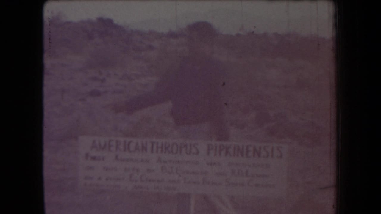 Faded sign reading AMERICANTHROPUS PIPKINENSIS against rocky terrain.