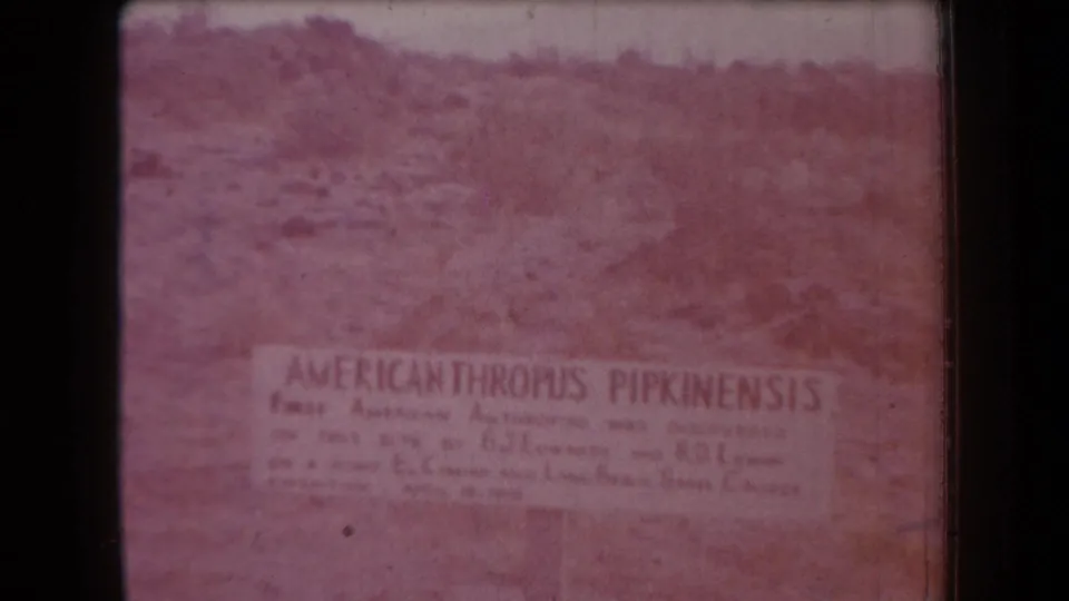 1958 Arizona home-movie frame showing an AMERICANTHROPUS PIPKINENSIS sign low in frame beneath faded rocky terrain.
