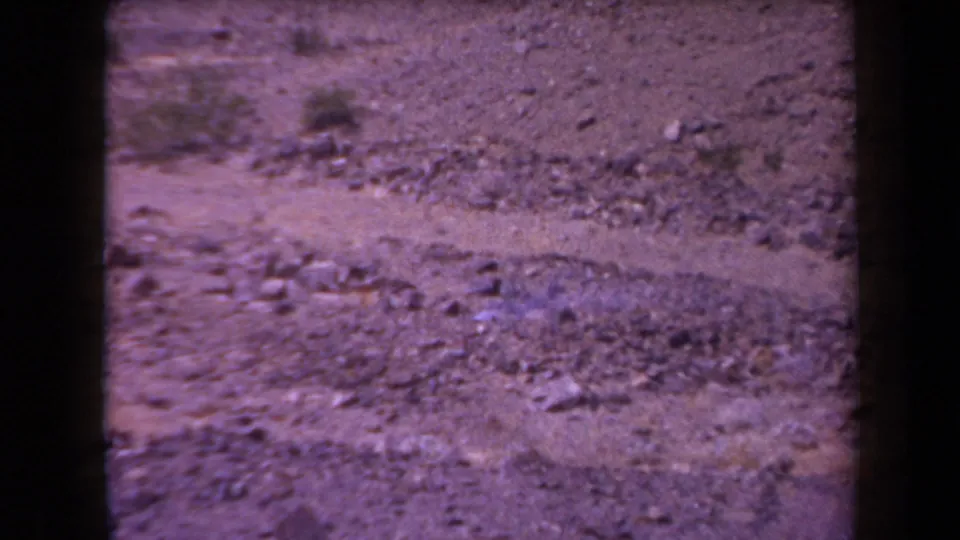 1958 Arizona home-movie frame with gravelly desert soil, scattered scrub, and visible purple-magenta fading from the 8mm scan.