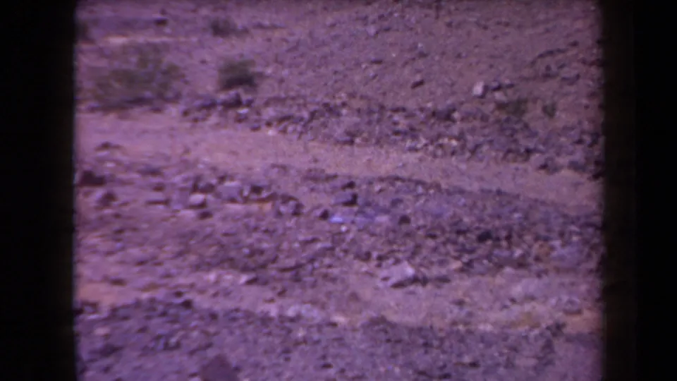 1958 Arizona desert frame with a pale wash, scattered rocks, low brush, heavy grain, and purple fading from aged 8mm film.