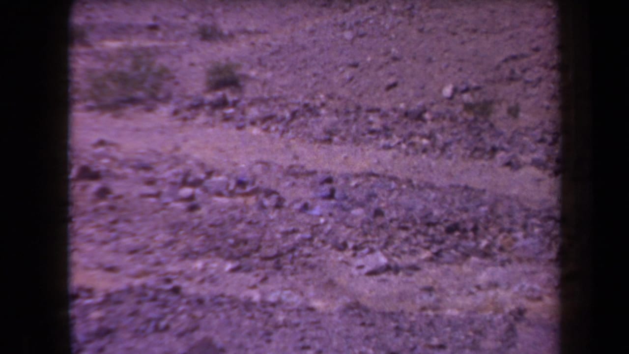 1958 Arizona 8mm frame of a dry dirt field with rocks, scrub, film grain, and magenta-purple color fading.