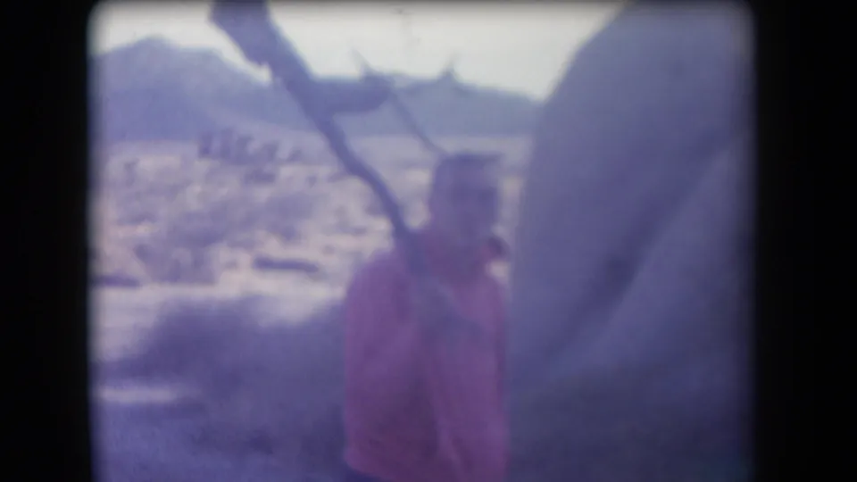 A person in a pink hooded sweatshirt stands in a hazy Arizona desert setting, with rocky hills and sparse vegetation in the background.