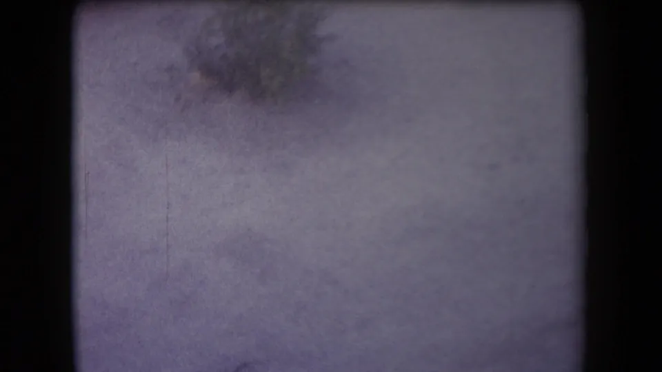 Soft, nearly abstract opening frame from 1958 Arizona 8mm footage, with ground texture and film-frame edges visible.