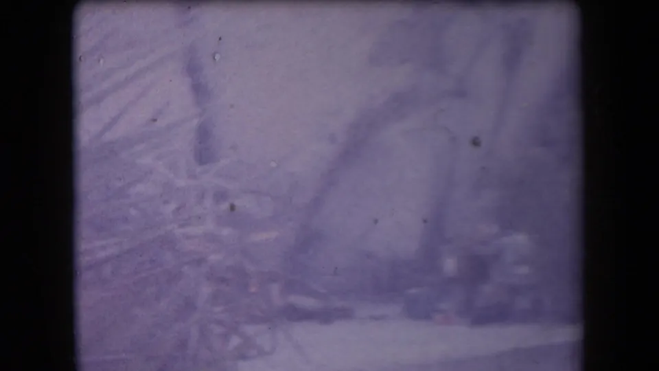 1958 Arizona home-movie frame showing a soft, purple-tinted desert view partly screened by palm-like fronds and film edges.