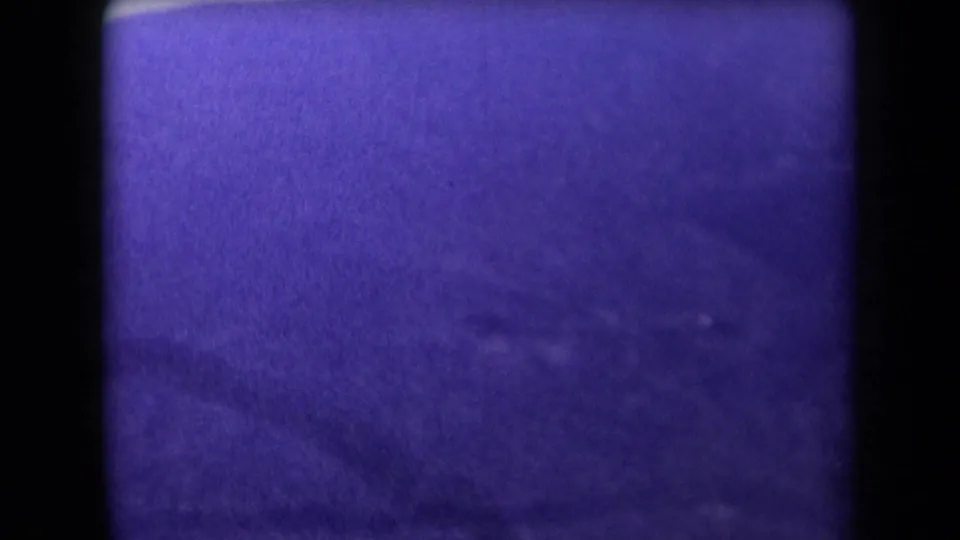 A purple-tinted 8mm frame shows sparse roadside or desert terrain, with details softened by exposure and grain.