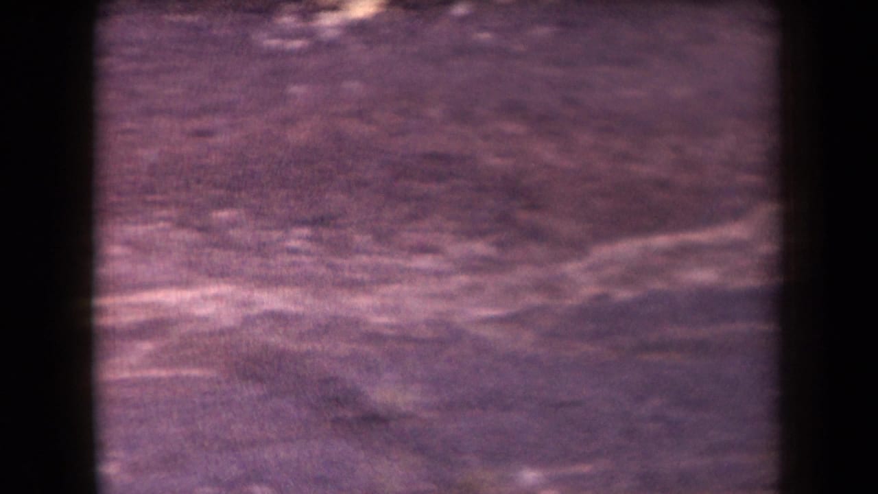 1958 Arizona home-movie frame showing a soft, purple-tinted high-angle view across barren desert terrain.