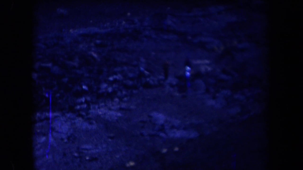 A distant man appears on rugged Arizona desert ground in a blue-tinted 1958 8mm home-movie frame.